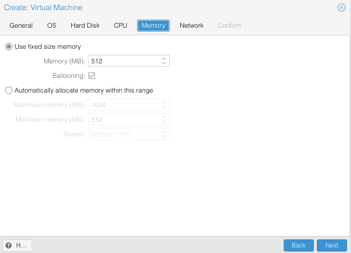 Proxmox Webinterface zur Erstellung einer neuen virtuellen Maschine: Tab Memory