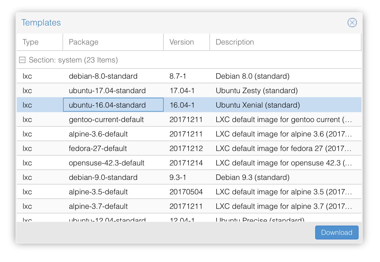 Screenshot Proxmox GUI zum herunterladen des LXC Templates