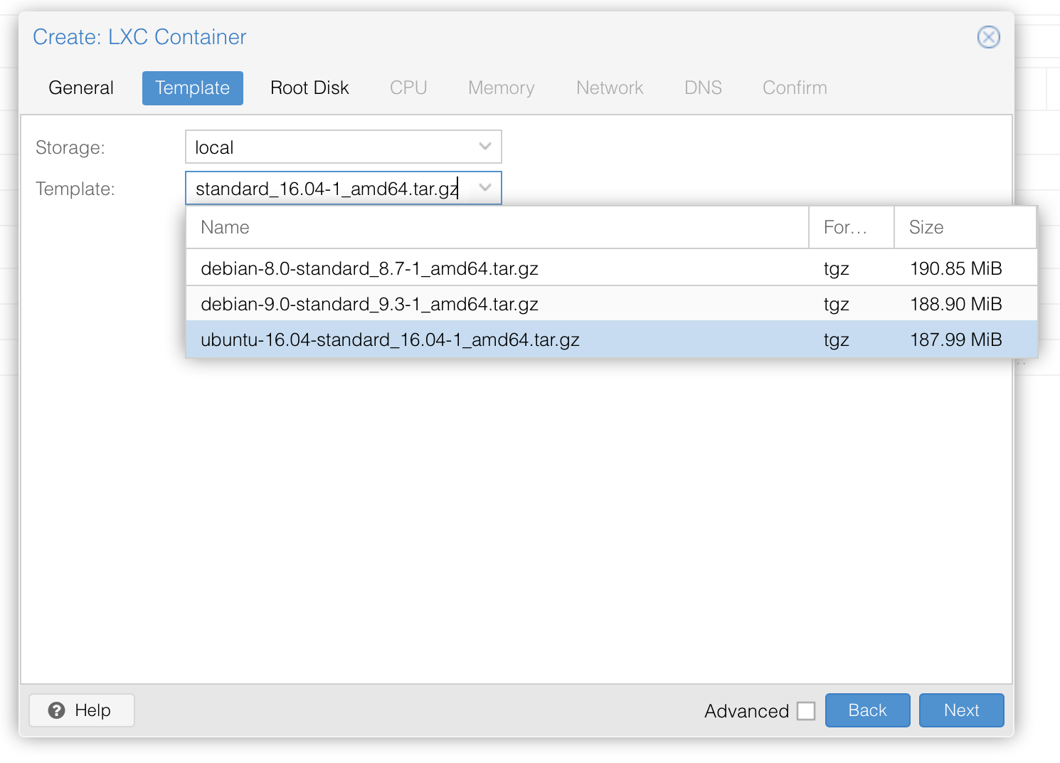 Screenshot Proxmox GUI zum Erstellen eines LXC Containers 2